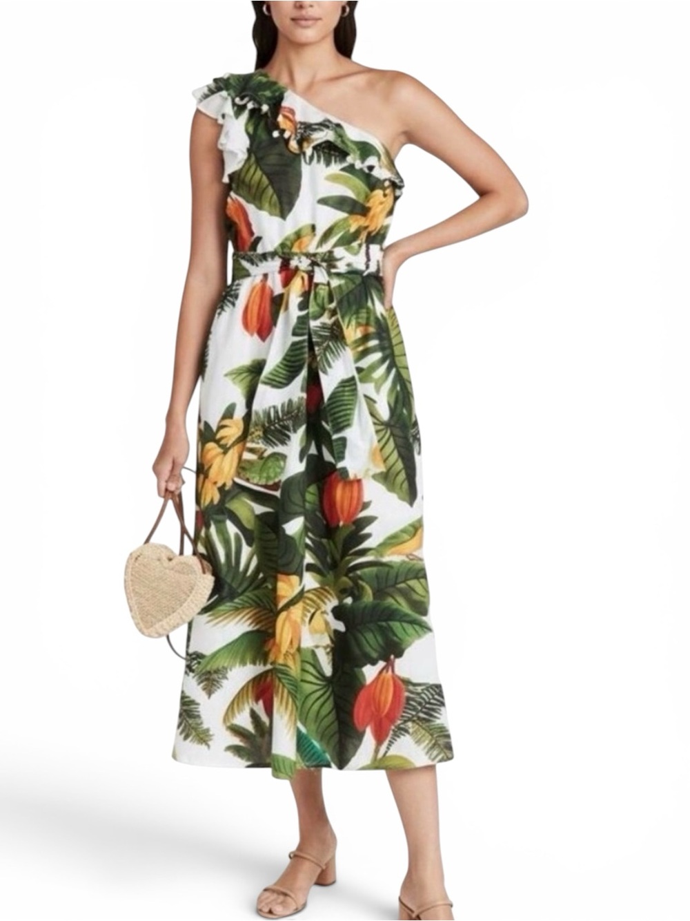 FARM RIO White Cocoa Forest Single Shoulder Tiered Midi Dress XS Resortwear
